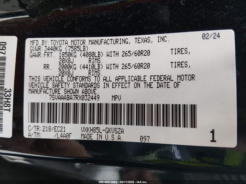 2024 Toyota Sequoia VIN 7SVAAABA7RX032449 IAAI salvage auction — FRONT END, Salvage (West Virginia), sold $28,500 on 2026-08-12 (photo 9)