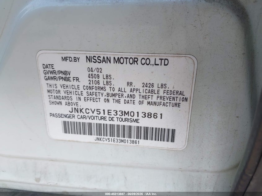 2003 Infiniti G35 VIN JNKCV51E33M013861 IAAI salvage auction — RIGHT FRONT, Salvage (Pennsylvania), sold $225 on 2026-07-08 (photo 9)