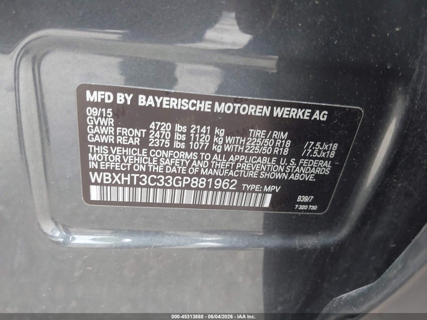 2016 BMW X1 VIN WBXHT3C33GP881962 IAAI salvage auction — WATER/FLOOD, Salvage Title, sold $550 on 2026-07-22 (photo 9)