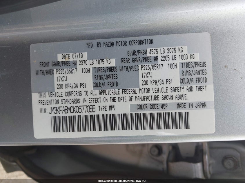 2019 Mazda Cx-5 VIN JM3KFABM0K0677055 IAAI salvage auction — FRONT END, Salvage Title, sold $4,000 on 2026-07-28 (photo 9)