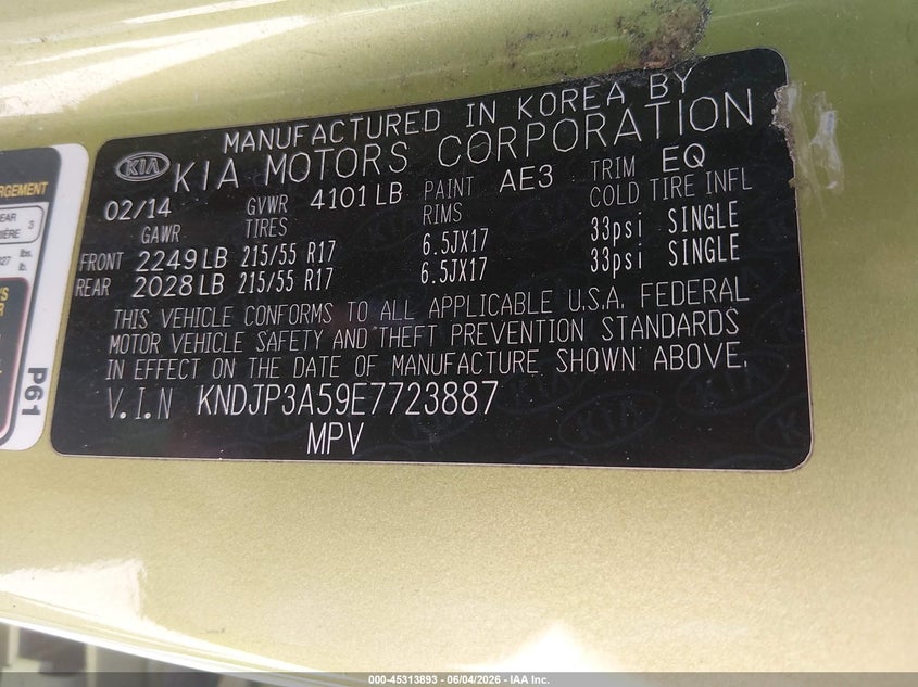 2014 Kia Soul VIN KNDJP3A59E7723887 IAAI salvage auction — NORMAL WEAR, Salvage Title, sold $975 on 2026-07-15 (photo 9)
