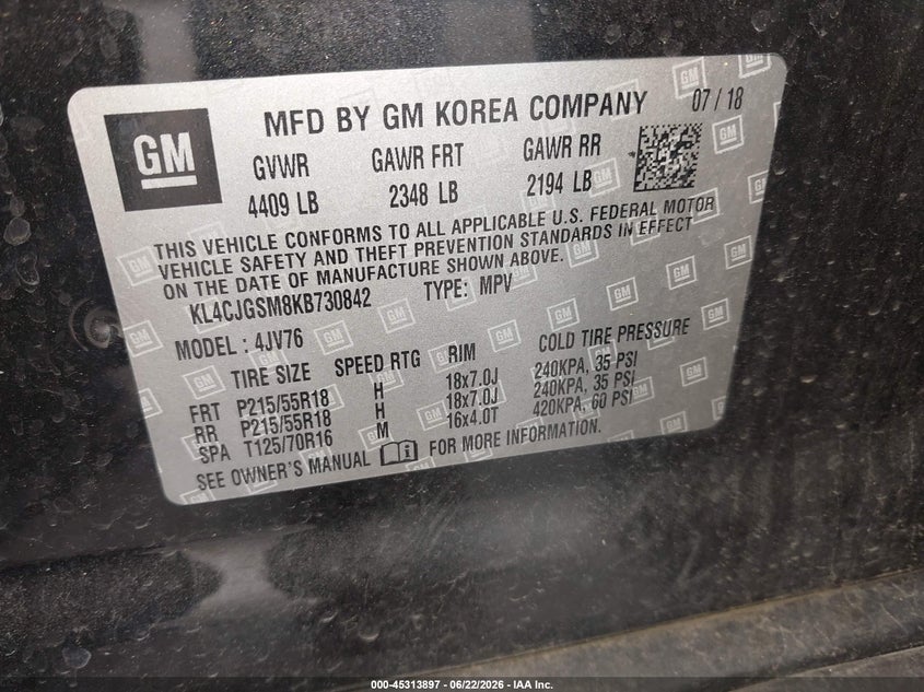 2019 Buick Encore VIN KL4CJGSM8KB730842 IAAI salvage auction — RIGHT REAR, Salvage (Pennsylvania), sold $575 on 2026-07-31 (photo 9)