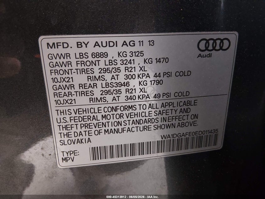 2014 Audi Q7 VIN WA1DGAFE0ED011435 IAAI salvage auction — FRONT END, Salvage Title, sold $1,200 on 2026-07-15 (photo 9)