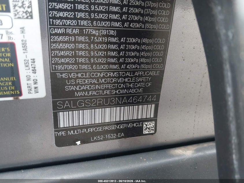 2022 Land rover RANGE ROVER VIN SALGS2RU3NA464744 IAAI salvage auction — THEFT, Salvage Title, sold $37,300 on 2026-07-30 (photo 9)