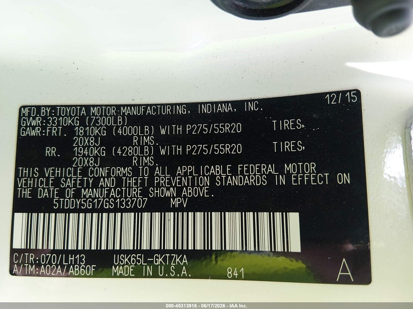 2016 Toyota Sequoia VIN 5TDDY5G17GS133707 IAAI salvage auction — FRONT END, Salvage (North Carolina), sold $10,200 on 2026-07-16 (photo 9)