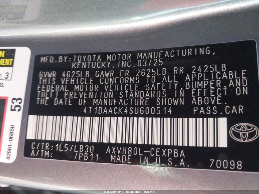 2025 Toyota Camry VIN 4T1DAACK4SU600514 IAAI salvage auction — REAR END, Salvage Title, sold $11,725 on 2026-07-28 (photo 9)