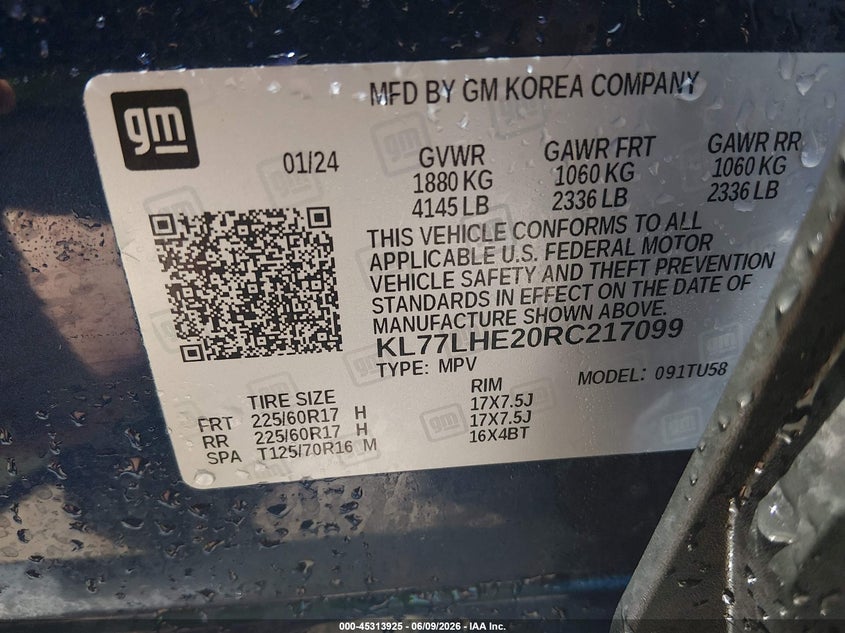 2024 Chevrolet Trax VIN KL77LHE20RC217099 IAAI salvage auction — HAIL, Salvage Title, sold $7,000 on 2026-07-23 (photo 9)