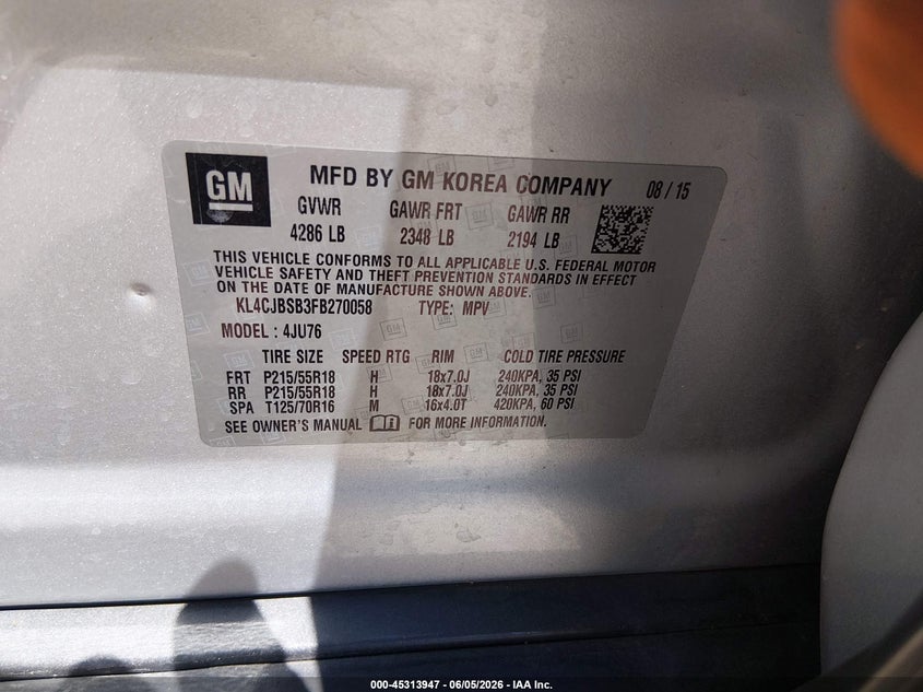 2015 Buick Encore VIN KL4CJBSB3FB270058 IAAI salvage auction — RIGHT FRONT, Salvage Title, sold $1,950 on 2026-07-11 (photo 9)