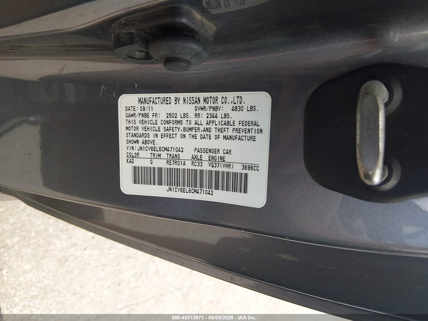 2012 Infiniti G VIN JN1CV6EL6CM471042 IAAI salvage auction — FRONT END, Salvage Title, sold $475 on 2026-07-31 (photo 9)