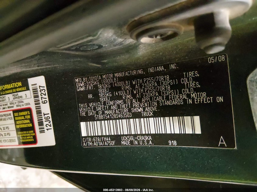 2008 Toyota Tundra VIN 5TBBT54128S463503 IAAI salvage auction — FRONT END, Salvage (Idaho), sold $4,150 on 2026-07-10 (photo 9)
