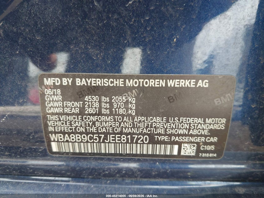 2018 BMW 3er VIN WBA8B9C57JEE81720 IAAI salvage auction — LEFT REAR, Rebuildable (Florida), sold $250 on 2026-07-29 (photo 9)