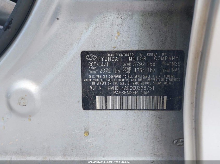 2012 Hyundai Elantra VIN KMHDH4AE0CU328751 IAAI salvage auction — NORMAL WEAR, Clear (Georgia), sold $475 on 2026-07-16 (photo 9)
