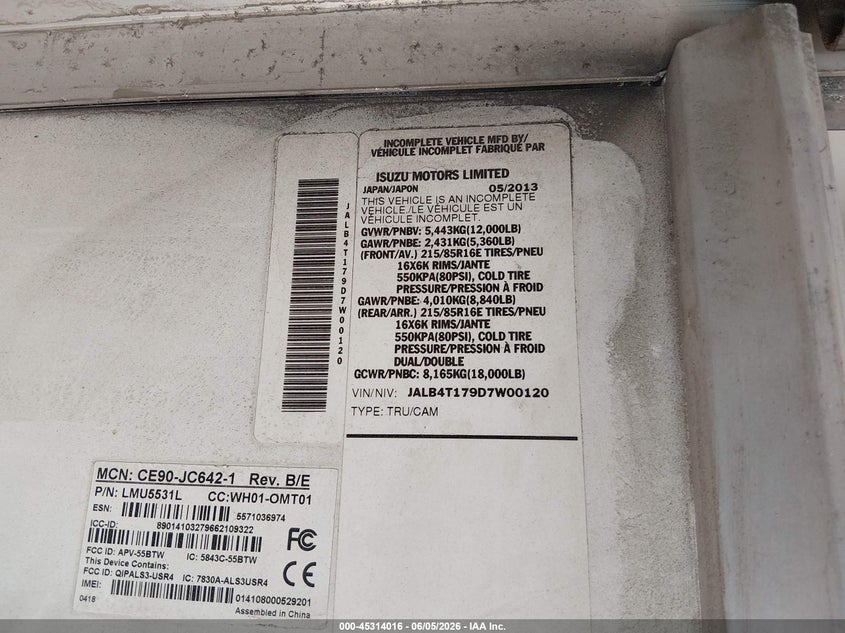 2013 Isuzu VIN JALB4T179D7W00120 IAAI salvage auction — UNKNOWN, Salvage Title, sold $500 on 2026-08-01 (photo 8)
