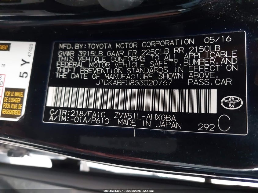 2016 Toyota Prius VIN JTDKARFU8G3020767 IAAI salvage auction — EXTERIOR BURN, Salvage Title, sold $2,550 on 2026-07-23 (photo 9)
