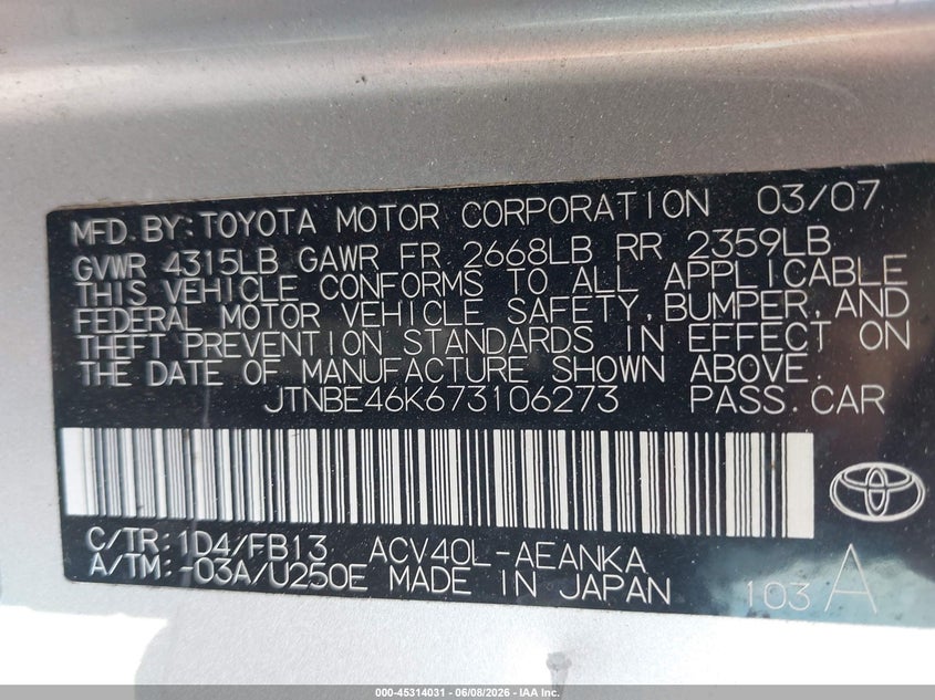 2007 Toyota Camry VIN JTNBE46K673106273 IAAI salvage auction — FRONT END, Clear (Virginia), sold $475 on 2026-07-28 (photo 9)