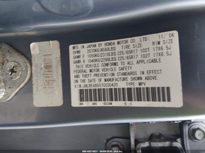 2007 Honda Cr-v VIN JHLRE48507C030420 IAAI salvage auction — UNKNOWN, Clear (Maryland), sold $1,100 on 2026-07-30 (photo 9)