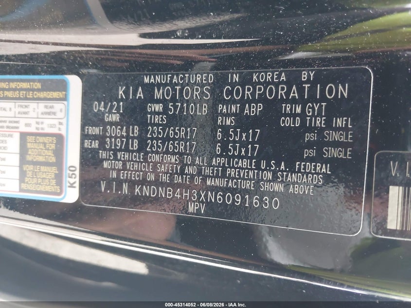 2022 Kia Carnival VIN KNDNB4H3XN6091630 IAAI salvage auction — REAR END, Salvage Title, sold $4,700 on 2026-07-29 (photo 9)