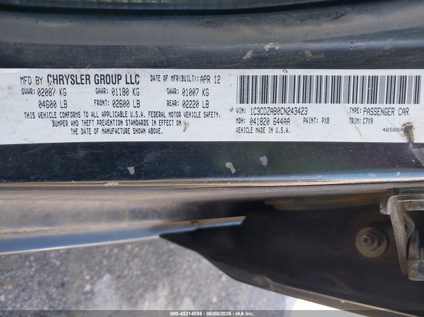 2012 Dodge Avenger VIN 1C3CDZAB0CN243423 IAAI salvage auction — NORMAL WEAR, Clear (Texas), sold $250 on 2026-07-09 (photo 9)