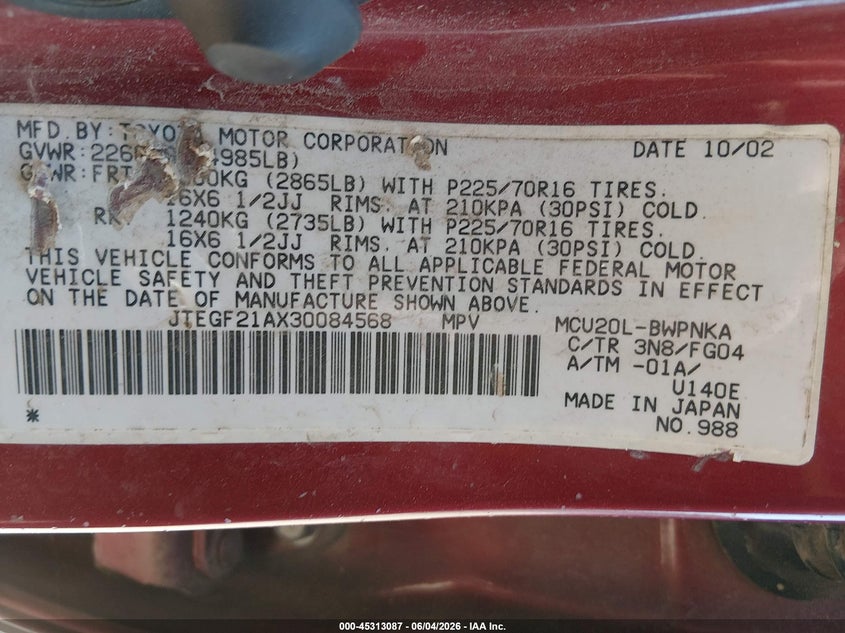 2003 Toyota Highlander VIN JTEGF21AX30084568 IAAI salvage auction — NORMAL WEAR, Clear (Georgia), sold $550 on 2026-07-16 (photo 9)