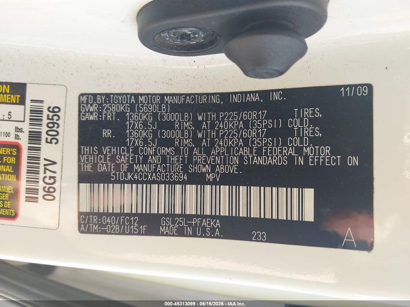2010 Toyota Sienna VIN 5TDJK4CCXAS033694 IAAI salvage auction — NORMAL WEAR, Original (Ohio), sold $825 on 2026-07-09 (photo 9)