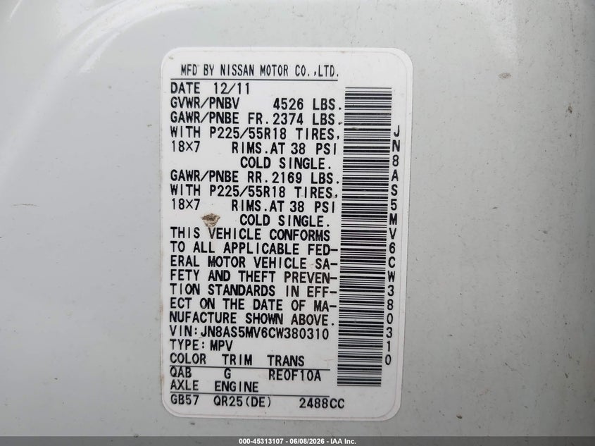 2012 Nissan Rogue VIN JN8AS5MV6CW380310 IAAI salvage auction — FRONT END, Salvage Title, sold $275 on 2026-07-21 (photo 9)
