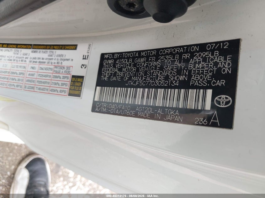 2013 Scion Tc VIN JTKJF5C77D3052134 IAAI salvage auction — FRONT END, Salvage Title, sold $275 on 2026-07-14 (photo 9)