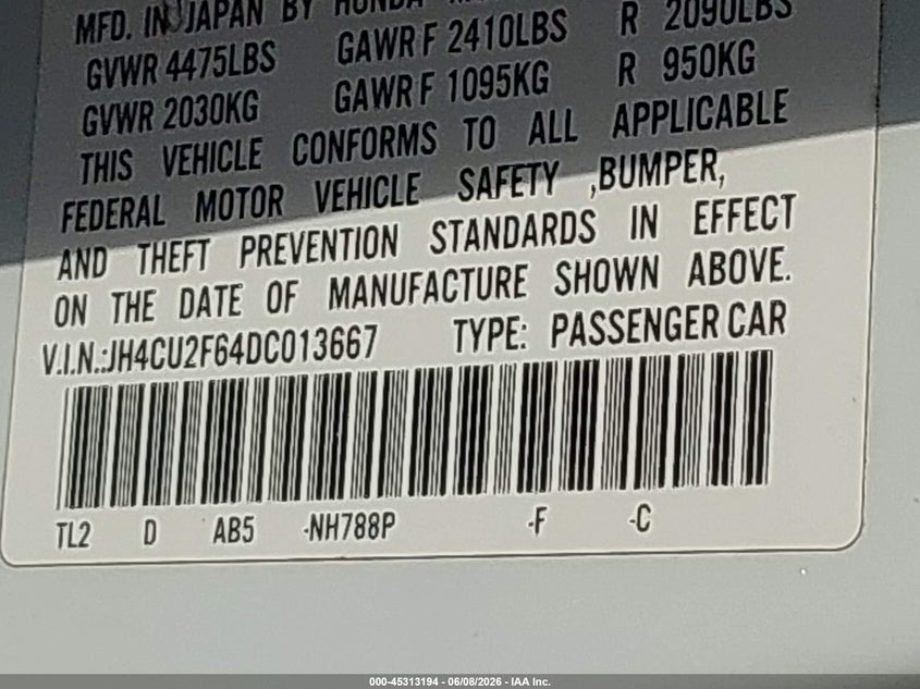 2013 Acura Tsx VIN JH4CU2F64DC013667 IAAI salvage auction — RIGHT SIDE, Salvage Title, sold $1,700 on 2026-07-18 (photo 9)