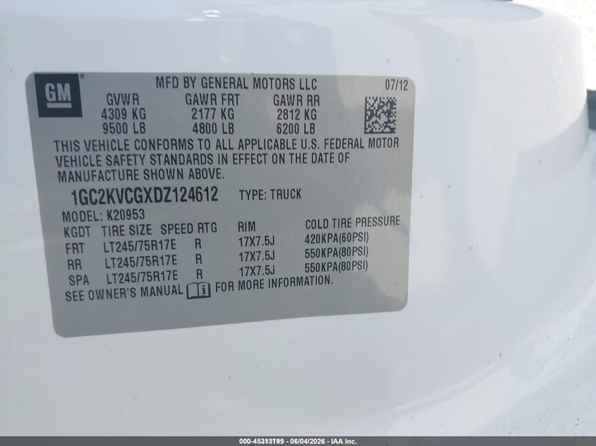 2013 Chevrolet Silverado 2500 VIN 1GC2KVCGXDZ124612 IAAI salvage auction — NORMAL WEAR, Sf97 (Maryland), sold $18,025 on 2026-07-21 (photo 9)
