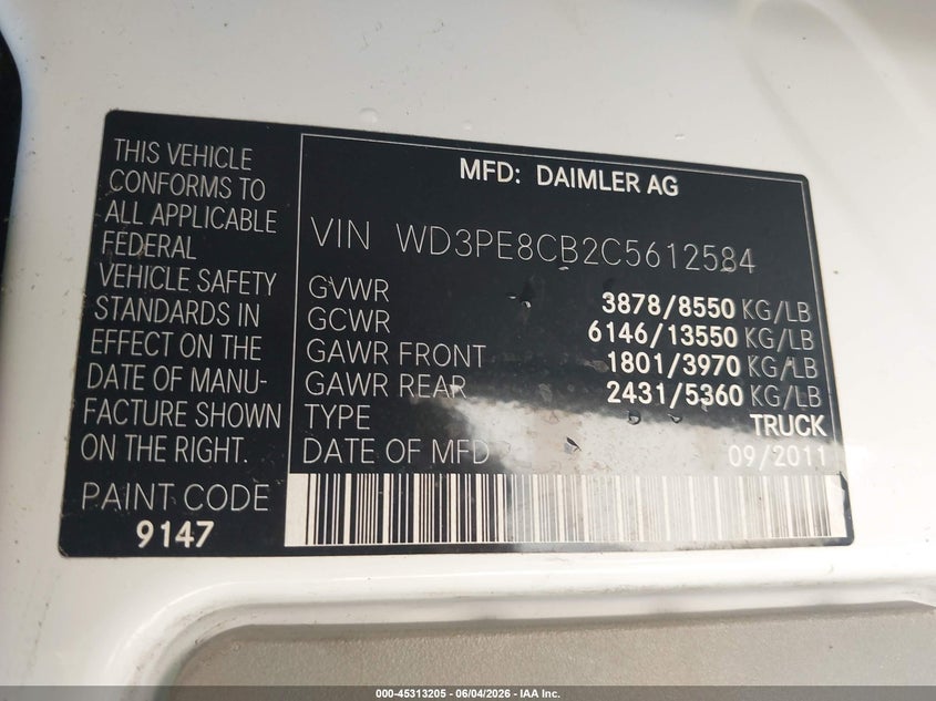 2012 Mercedes-benz Sprinter VIN WD3PE8CB2C5612584 IAAI salvage auction — NORMAL WEAR, Original (Texas), sold $3,700 on 2026-07-06 (photo 9)