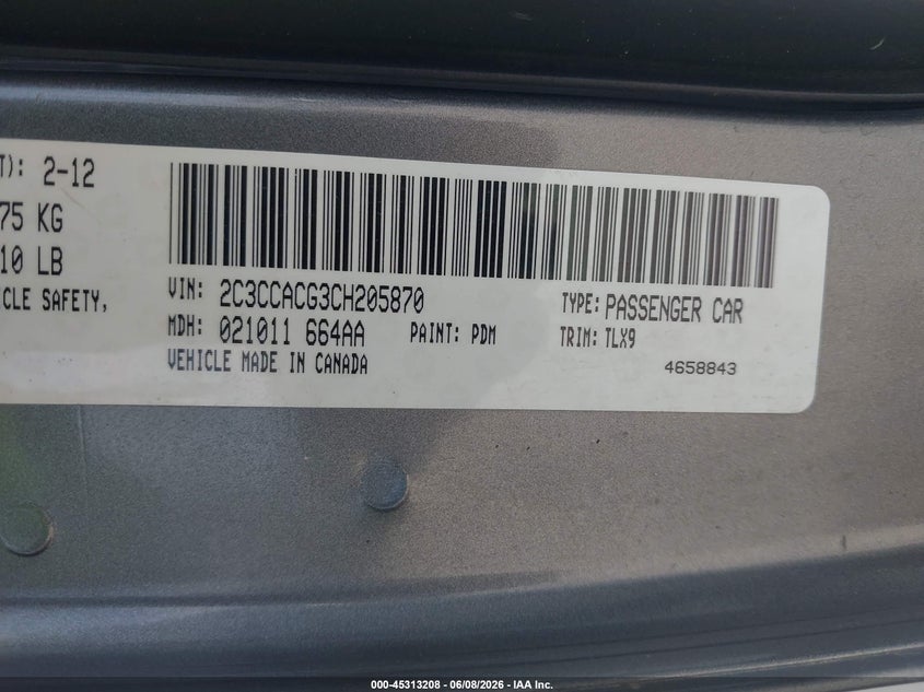 2012 Chrysler 300 VIN 2C3CCACG3CH205870 IAAI salvage auction — RIGHT SIDE, Salvage Title, sold $675 on 2026-07-29 (photo 9)