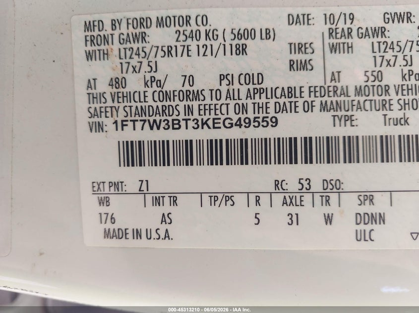 2019 Ford F350 VIN 1FT7W3BT3KEG49559 IAAI salvage auction — NORMAL WEAR, Clear-Dealer Only (Ohio), sold $5,550 on 2026-07-20 (photo 9)