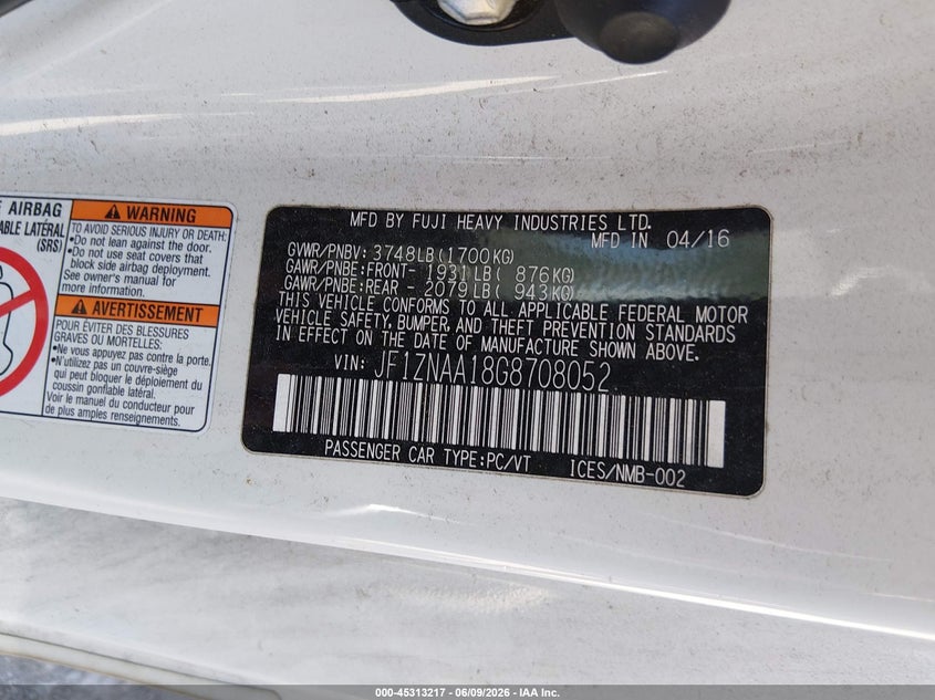 2016 Scion Fr-s VIN JF1ZNAA18G8708052 IAAI salvage auction — FRONT END, Salvage Title, sold $2,600 on 2026-08-02 (photo 9)