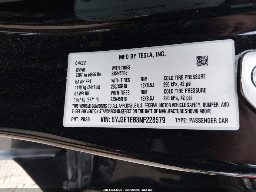 2022 Tesla Model 3 VIN 5YJ3E1EB3NF228579 IAAI salvage auction — FRONT END, Salvage Title, sold $7,600 on 2026-07-31 (photo 9)