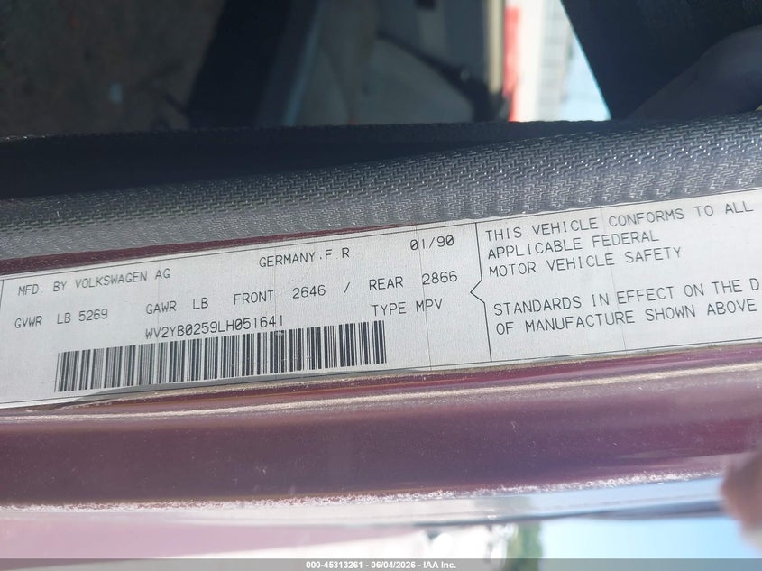 1990 Volkswagen VIN WV2YB0259LH051641 IAAI salvage auction — ALL OVER, Clear (Louisiana), sold $550 on 2026-07-29 (photo 9)