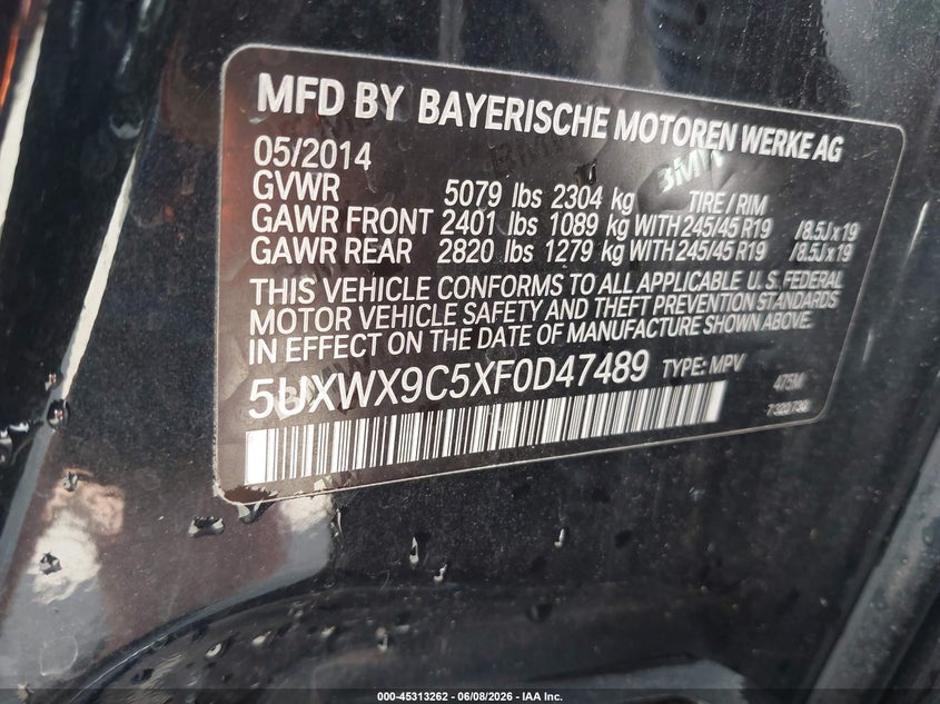 2015 BMW X3 VIN 5UXWX9C5XF0D47489 IAAI salvage auction — FRONT END, Salvage Title, sold $2,850 on 2026-07-19 (photo 9)