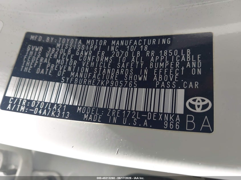 2019 Toyota Corolla VIN 5YFBURHE7KP905765 IAAI salvage auction — LEFT FRONT, Salvage (Georgia), sold $4,600 on 2026-07-22 (photo 9)