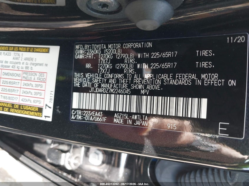 2021 Lexus VIN JTJDARDZ7M2246045 IAAI salvage auction — LEFT FRONT, Salvage Title, sold $8,050 on 2026-07-21 (photo 9)