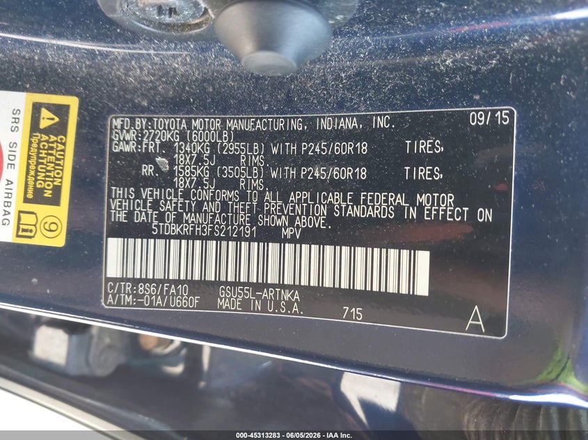 2015 Toyota Highlander VIN 5TDBKRFH3FS212191 IAAI salvage auction — FRONT & REAR, Salvage Title, sold $4,050 on 2026-07-28 (photo 9)