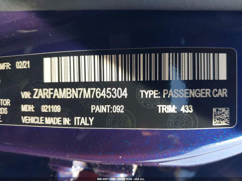 2021 Alfa romeo Giulia VIN ZARFAMBN7M7645304 IAAI salvage auction — FRONT END, Salvage Certificate (California), sold $3,050 on 2026-07-15 (photo 9)