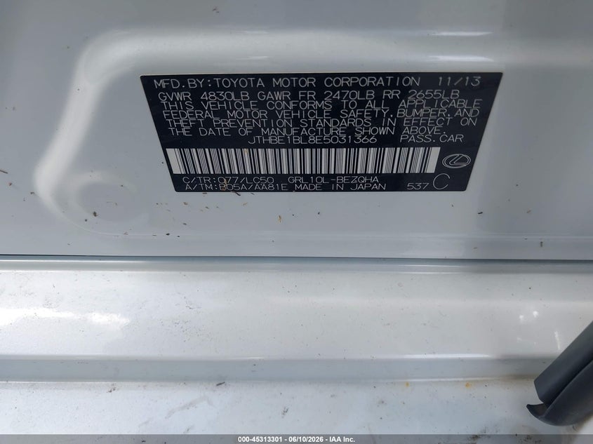 2014 Lexus Gs VIN JTHBE1BL8E5031366 IAAI salvage auction — WATER/FLOOD, Salvage (Texas), sold $2,800 on 2026-07-17 (photo 9)