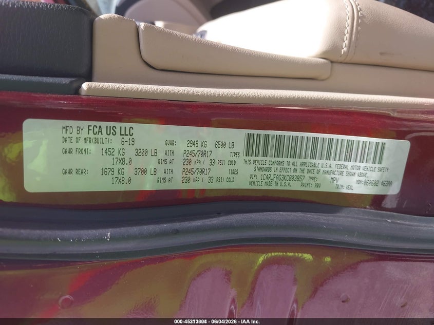 2019 Jeep Grand cherokee VIN 1C4RJFAG3KC803857 IAAI salvage auction — NORMAL WEAR, Sf97 (New York), sold $8,175 on 2026-07-31 (photo 9)