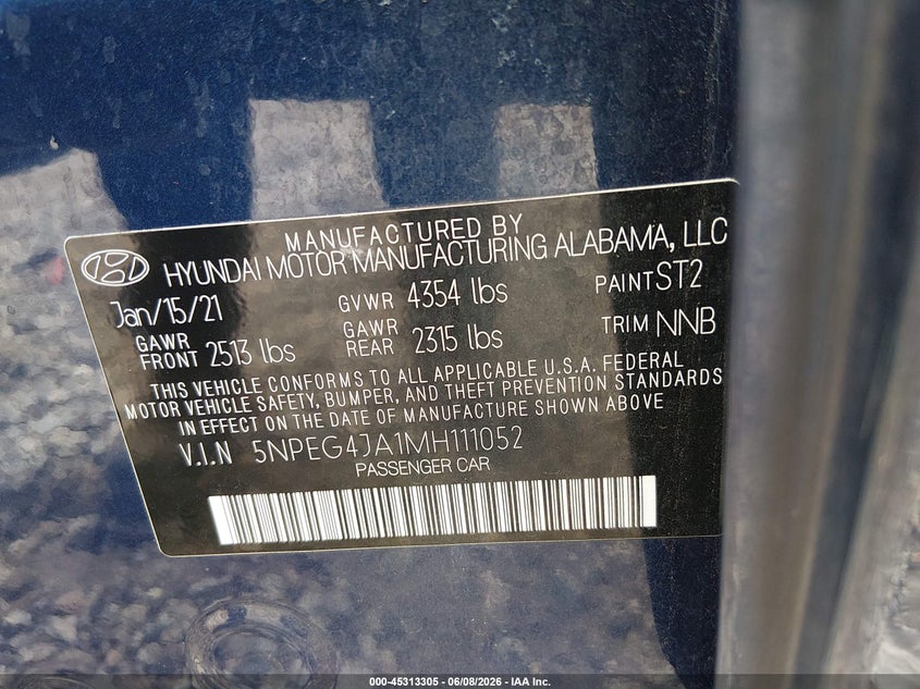 2021 Hyundai Sonata VIN 5NPEG4JA1MH111052 IAAI salvage auction — FRONT END, Salvage Title, sold $3,100 on 2026-07-17 (photo 9)