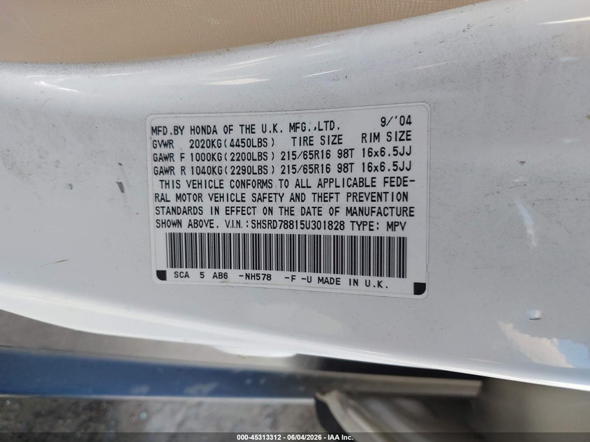 2005 Honda Cr-v VIN SHSRD78815U301828 IAAI salvage auction — SIDE, Salvage (California), sold $675 on 2026-07-09 (photo 9)