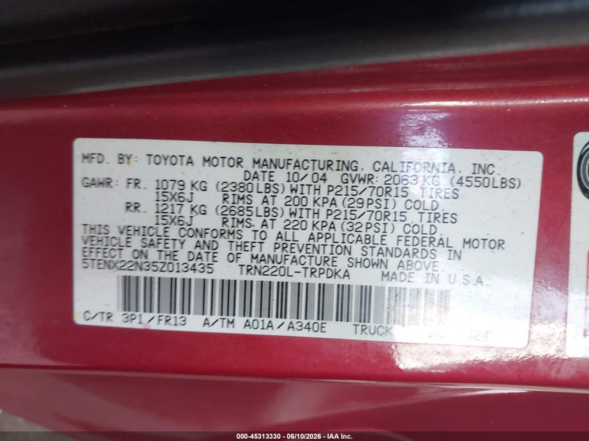 2005 Toyota Tacoma VIN 5TENX22N35Z013435 IAAI salvage auction — FRONT & REAR, Salvage (Georgia), sold $2,550 on 2026-07-23 (photo 9)