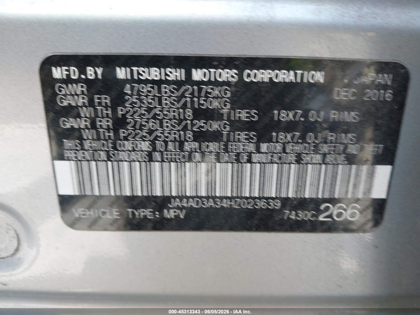 2017 Mitsubishi Outlander VIN JA4AD3A34HZ023639 IAAI salvage auction — FRONT END, Salvage Title, sold $1,475 on 2026-07-16 (photo 9)