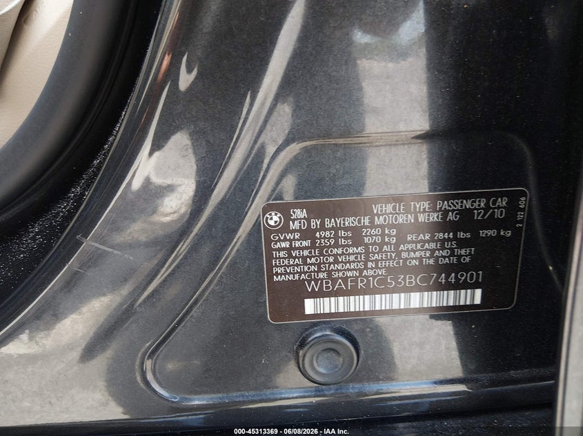 2011 BMW 5 series VIN WBAFR1C53BC744901 IAAI salvage auction — FRONT END, Rebuildable (Florida), sold $1,700 on 2026-08-03 (photo 9)