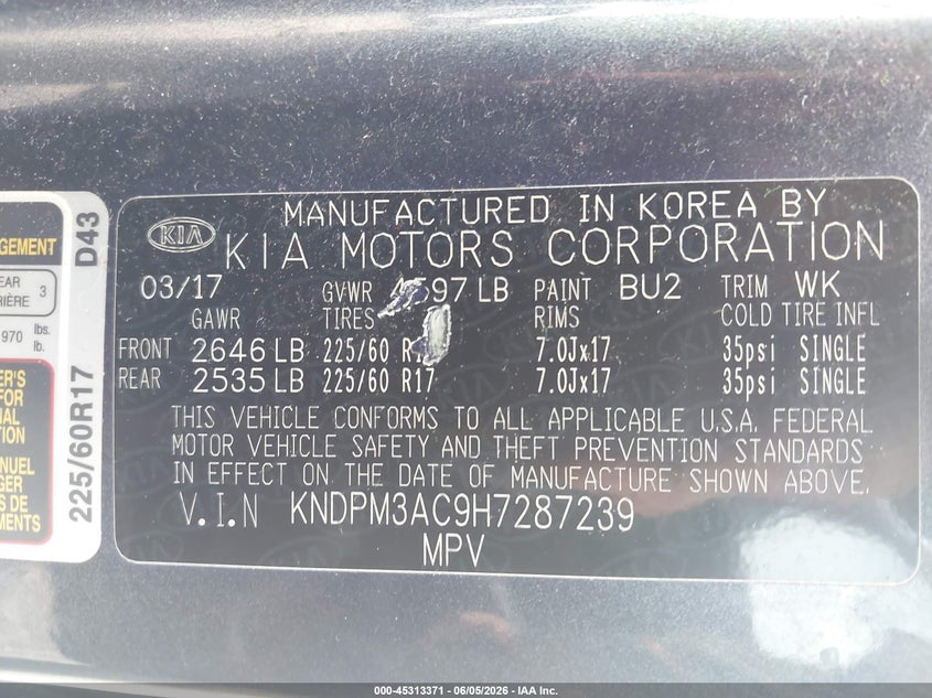 2017 Kia Sportage VIN KNDPM3AC9H7287239 IAAI salvage auction — SIDE, Salvage Title, sold $3,000 on 2026-07-16 (photo 9)