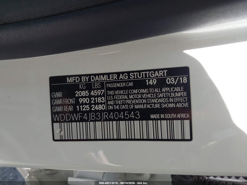 2018 Mercedes-benz C-klasse VIN WDDWF4JB3JR404543 IAAI salvage auction — FRONT END, Wait Title, sold $4,800 on 2026-08-05 (photo 9)