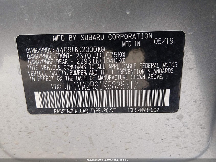 2019 Subaru Wrx sti VIN JF1VA2R61K9828312 IAAI salvage auction — LEFT FRONT, Salvage Title, sold $14,150 on 2026-07-15 (photo 9)