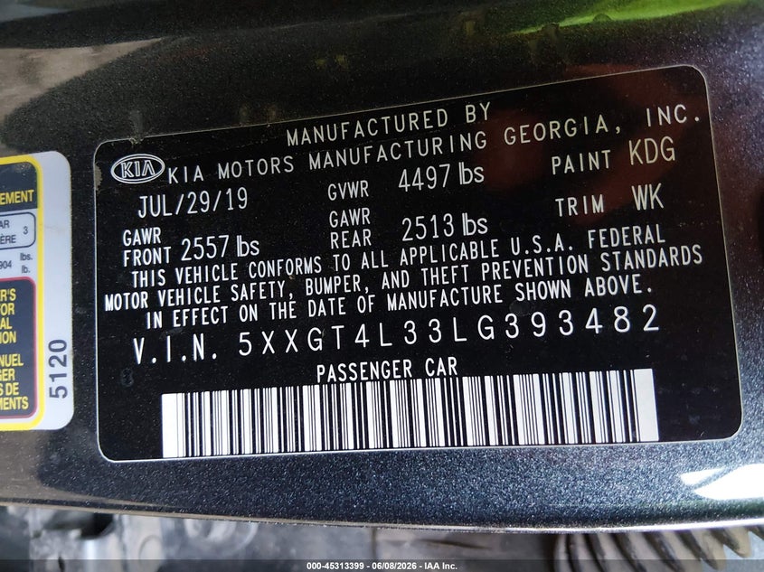 2020 Kia Optima VIN 5XXGT4L33LG393482 IAAI salvage auction — FRONT END, Salvage Title, sold $900 on 2026-07-21 (photo 9)